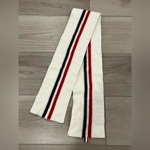 Thom Browne White Jersey Stitch Superfine Merino Wool Intarsia Stripe Scarf READ